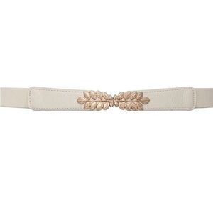 Women’s Elastic Waist Belt with Gold Leaf Accent — Cream